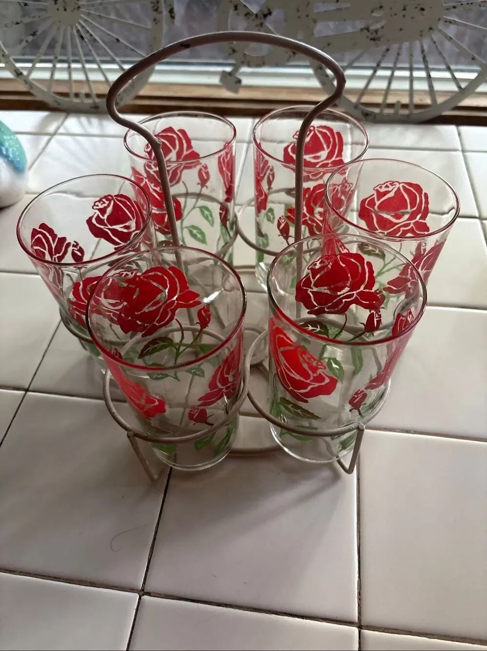 Vintage 1960’s Floral Glass Set (6) with Caddy